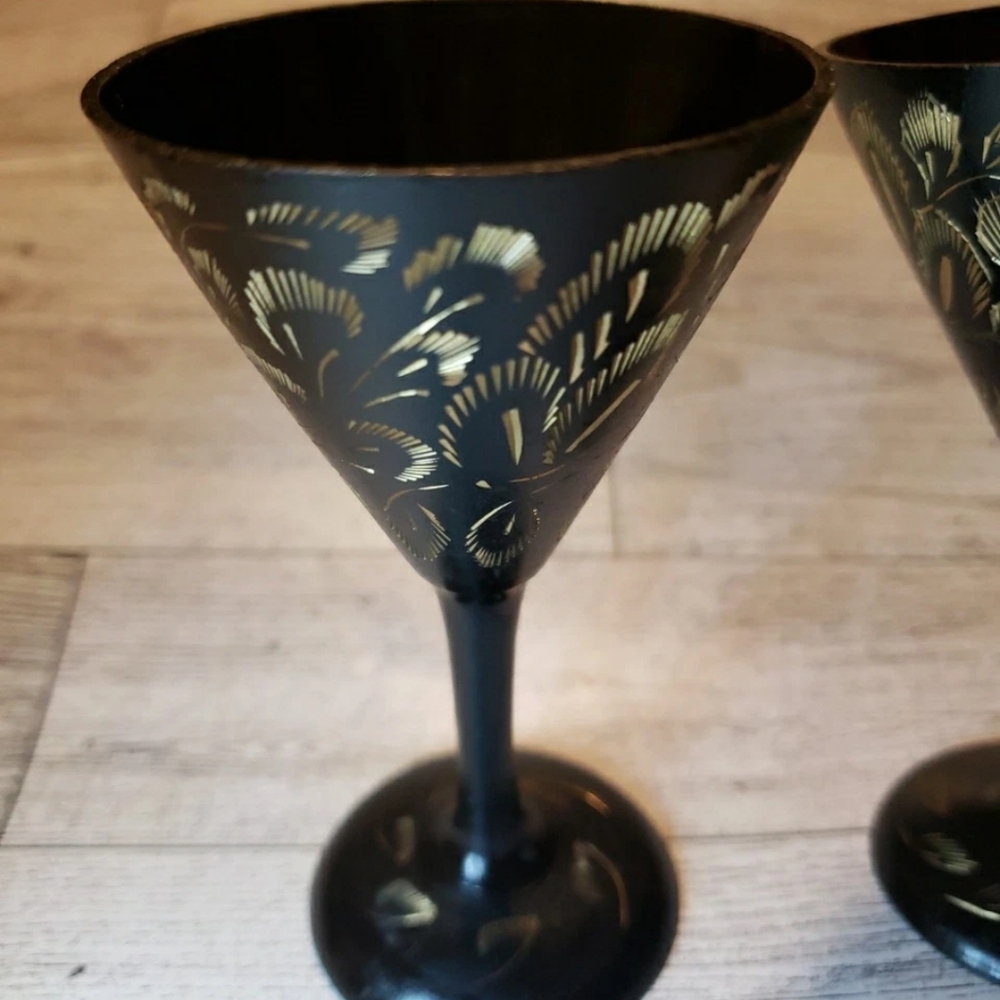 Black Metal Etched Cups Set Of 2 Decor - Picture 2 of 8